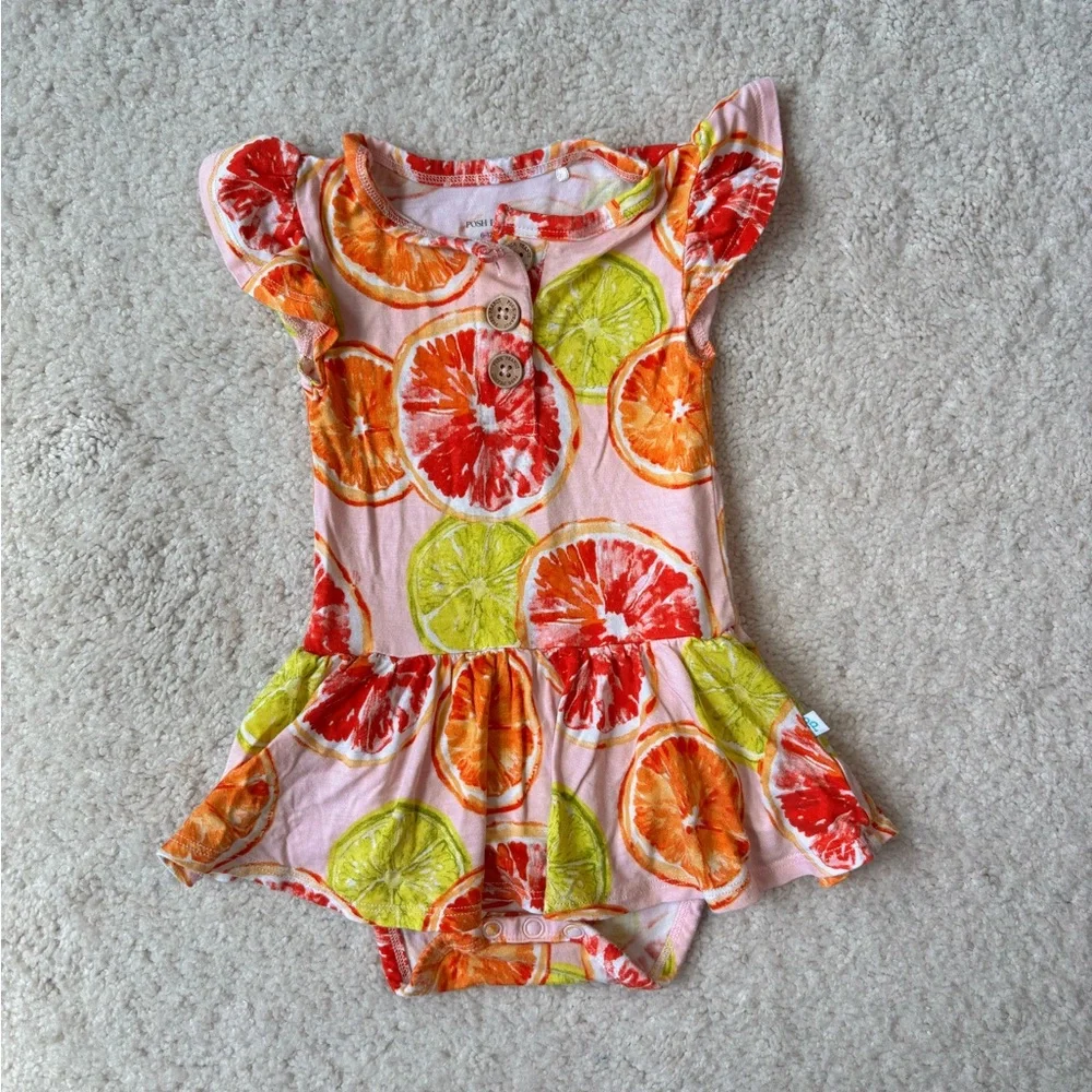 Posh Peanut Flutter Sleeve Twirl Bodysuit in a Citrus print - Picture 1 of 7